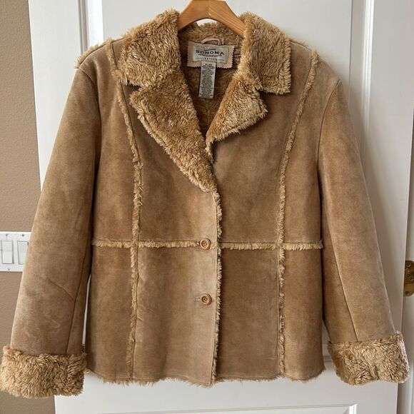 VINTAGE brown Suede Leather Penny Lane Coat Y2K jacket Shearling Collar‎ Trim XL - Picture 1 of 9